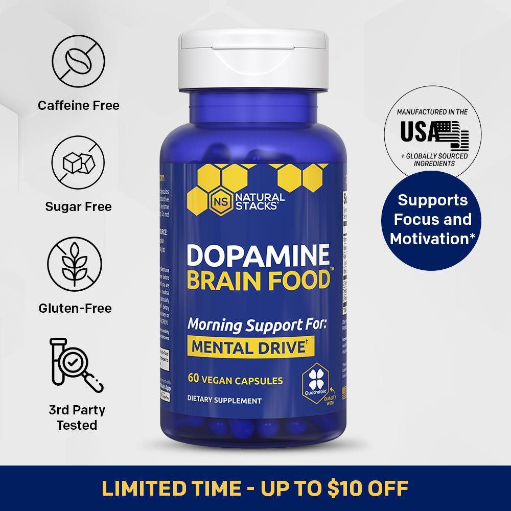 Dopamine Brain Food Supplement w/L-Tyrosine - Promotes Mental Drive, Clarity & Focus - Supports Mental Energy - 60 Capsu