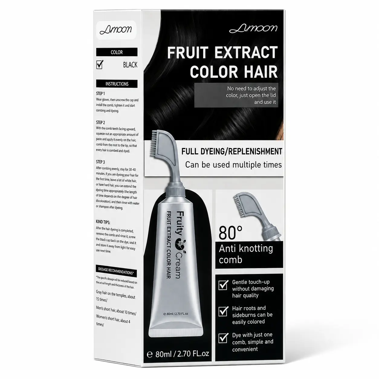 Hair Color Cream with Comb Applicator, Easy At-Home Hair Dye for Convenient Coloring, Black & Brown Black, 80 mL / 2.70 fl oz