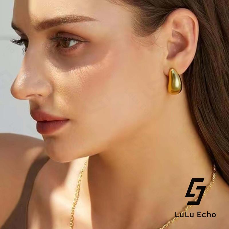 LuLuEcho No Faded Chunky 14k Gold Plated Hoop Earrings for Women, Top Quality Dupes Earrings Lightweight Waterdrop Hollow Open Hoops, Hypoallergenic Light Golden Earrings Fashion