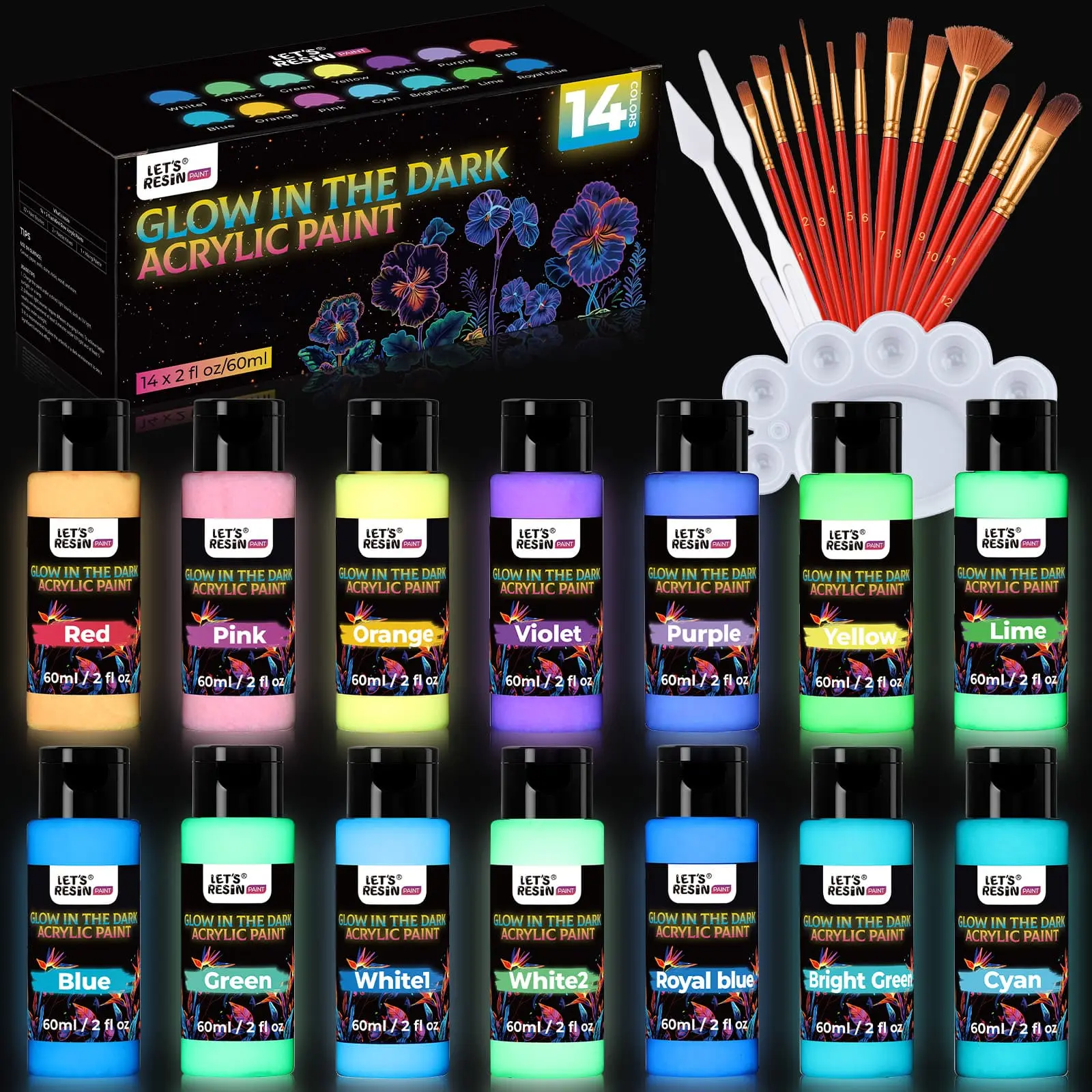 14-Color Glow in the Dark UV Fluorescent Acrylic Paint Set, 60ml Each, 12 Brushes, 2 Knives & Palette, UV Reactive Blacklight Paint for Halloween Party Decor, Pumpkin Painting, Costume Props, Haunted House Crafts, Ceramic, Glass & Fabric - LET'S RESIN