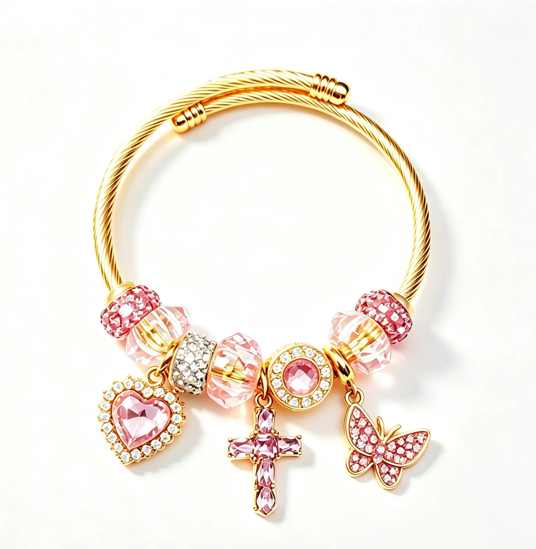 Sparkling Pink Charm Bangle - Heart, Cross & Butterfly Dangle Bracelet for Women | Trendy Gold-Tone Jewelry Gift