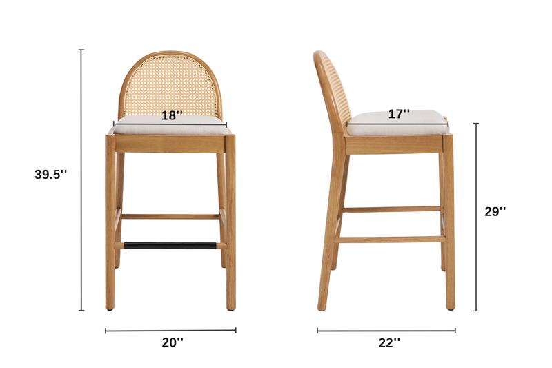 【Valentines'Day】DAYALANE Modern Salem Rattan Bar Stools Set of 2 - Beige Black White Gray - Counter Height Barstools with Wood Legs for Kitchens - Elegant Rattan Backrest & Festive Dining Room Chairs