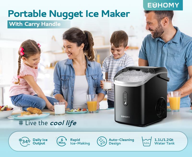 EUHOMY Nugget Ice Maker Countertop with Handle, Ready in 6 Mins, 33lbs/24H, Removable Top Cover, Auto-Cleaning, Portable Pebble Ice Maker with Basket and Scoop, for Home/Kitchen/Party/Camping