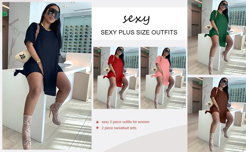 Women Plus Size 2 Piece Outfits  Lady Basic Crewneck Short Sleeve Tunic Tops and Skinny Biker Shorts Sets Tracksuits Casual Soft Womenswear
