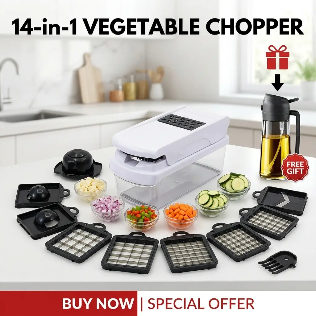 14-in-1 Multifunctional Vegetable Chopper, Dicer & Slicer with Container + FREE Glass Oil Sprayer Dispenser | Multi-Blade Kitchen Food Chopper & Cutter Set