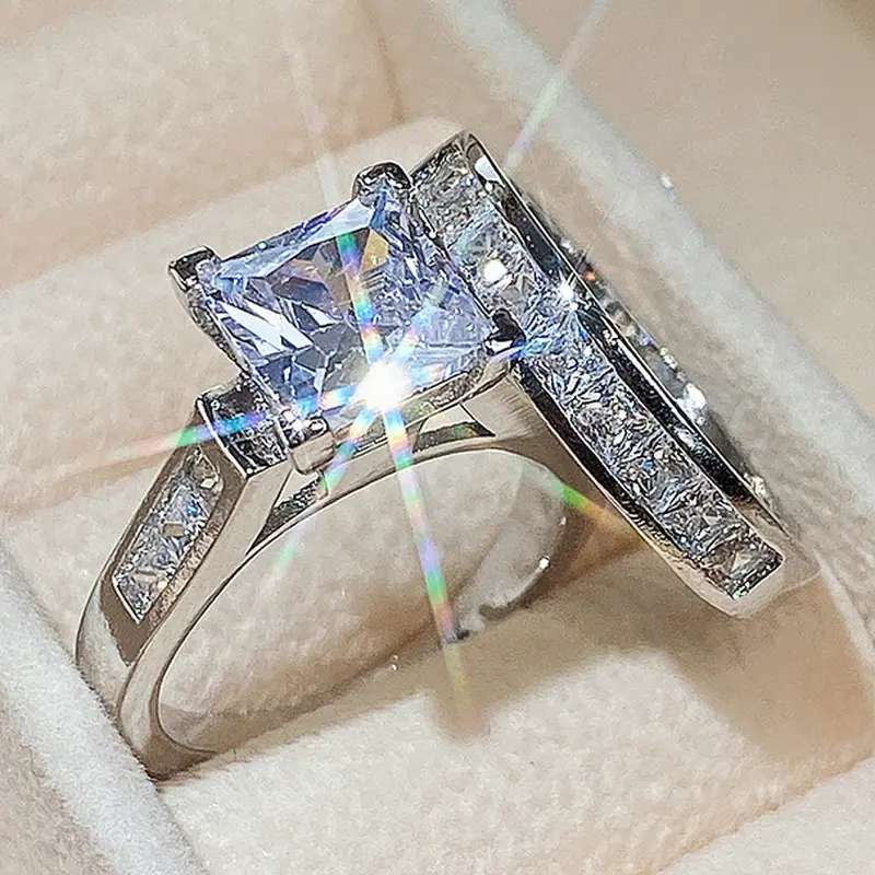 2 PCS Platinum Square Zirconia Cushion Halo Shiny CZ Crystal Diamond Engagement Wedding Rings Set