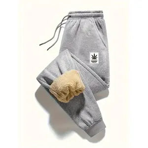 Men's Regular Fit Letter Patched Drawstring Waist Jogger Pants, Casual Comfy Thermal Lined Pocket Trousers for Winter, Men's Bottoms for Outdoor Wear