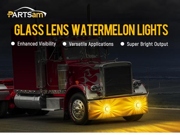 Partsam 2Pcs Glass Watermelon Lights Diamond-Shaped Lens Amber LED Side Marker Turn Signal Lamp with Stainless Steel Bezel Replacement for Peterbilt Freightliner Trucks Trailers RVs Bumper Under Glow