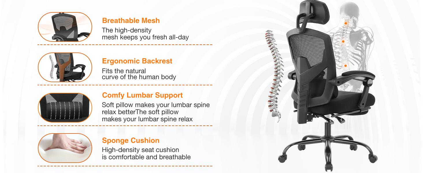 Height Adjustable High Back Ergonomic Office Chair with Lumbar Pillow & Retractable Footrest,  Padded Armrests and Adjustable Headrest