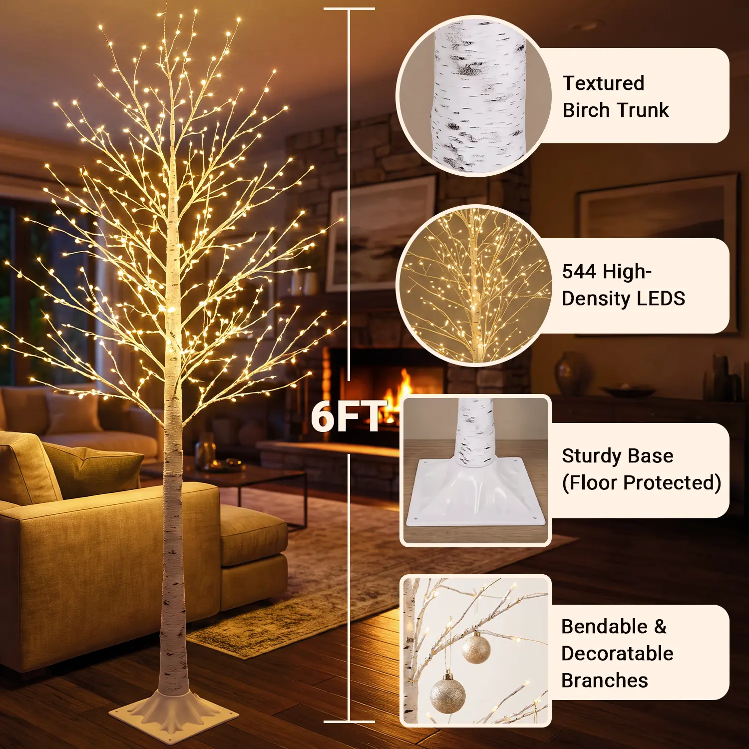 Hoodink 6ft Lighted Birch Tree with 544 Warm White LED Lights - Id Twig Tree, Decorndoor Decorative Twig Tree for Home,  Christmas Holiday Decor,Lighteative LED Tree, Warm White Glow, Birch Wood Aesthetic, Plastic Birch Foliage, Durable Metal Base sum