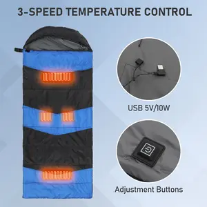Rectangular Heated Sleeping Bag, Lightweight Sleeping Bag with Multi USB Powered Heating Pads, Waterproof Compact Envelope Sleeping Bag for Backpacking Hiking, Blue