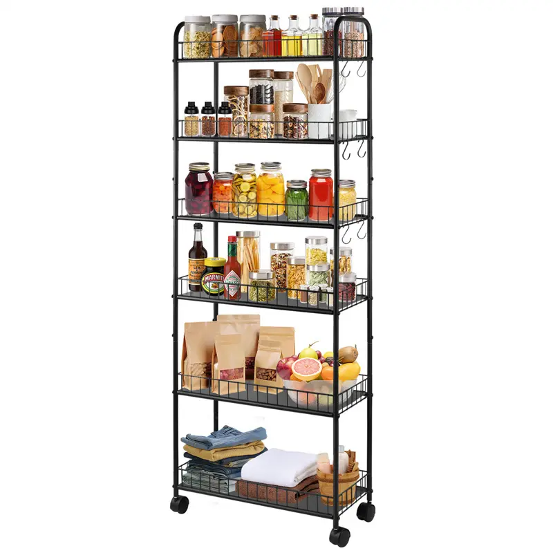 Black 6-Tier Slim Rolling Cart with Wheels - Single Unit Rectangle Storage Organizer, Bathroom Organizer, Kitchen Organization Space-Saver for Tiny Gaps (6"/10" Wide)