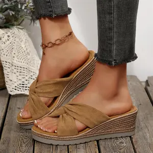Women's Summer Espadrille Wedge Sandals Knot Detail Open Toe Slides Indoor Outdoor Shoes  Lightweight Casual Footwear Springfresh