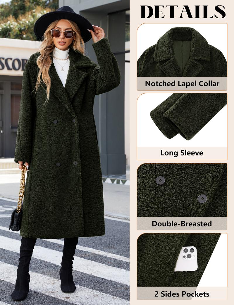 UMIPUBO Womens Cozy Fleece Long Jackets Oversized Double-Breasted Fluffy Coats Winter Lapel Faux Fur Warm Overcoats with Pockets