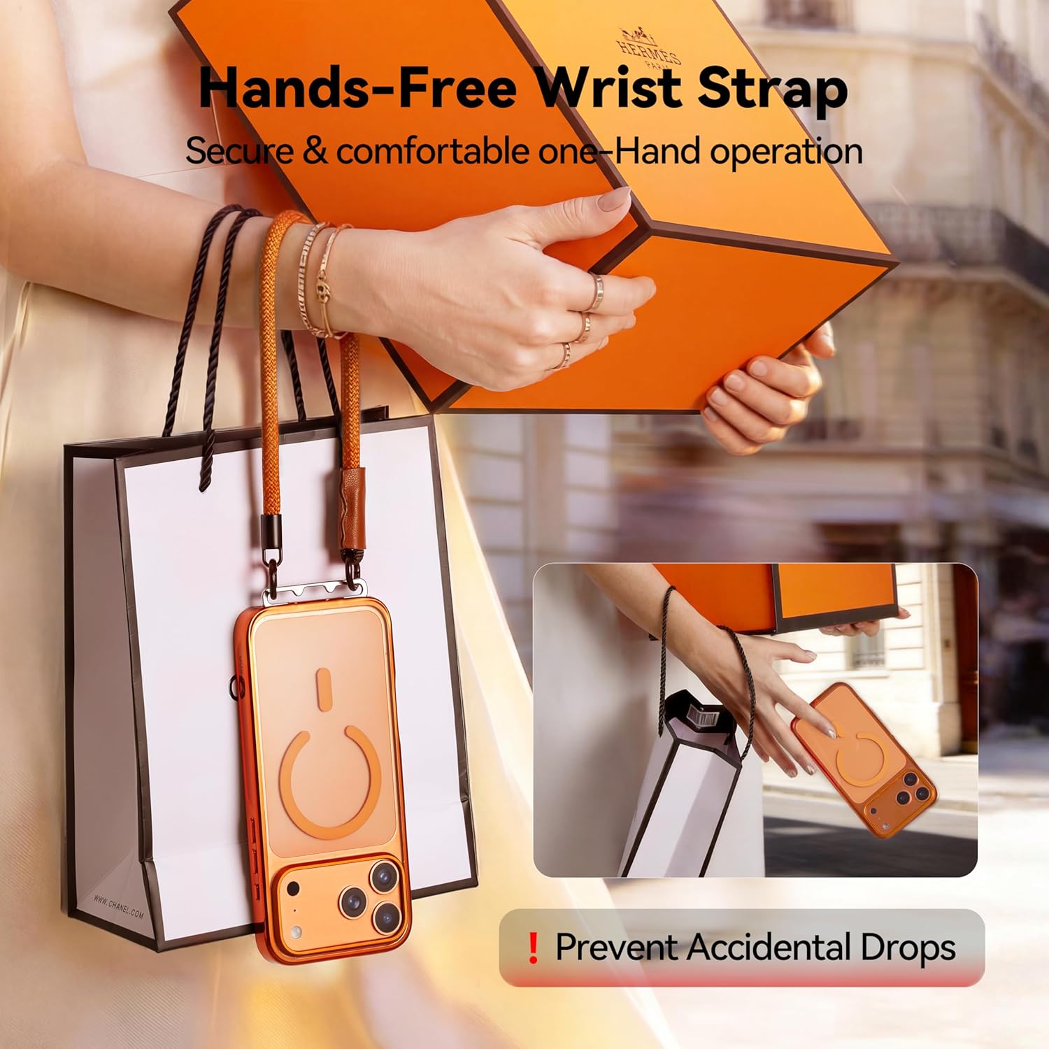 CASEKOO Linkoo 1st Magnetic iPhone 17 Pro Max Case with Foldable Invisible Lanyard Buckle Wrist Strap, Anti-Fall, Aluminum Alloy Lens Protection, Tether Phone Case, Hiking Daily Commute, Glossy Orange