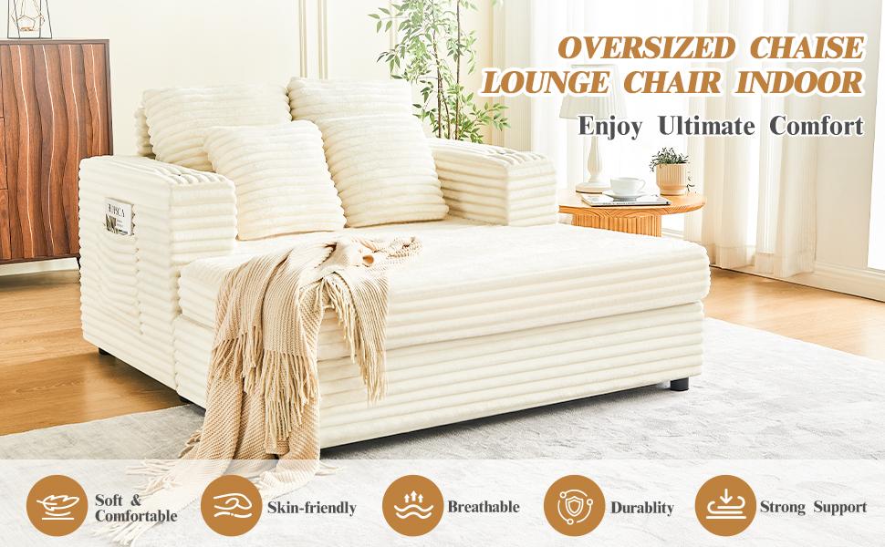 Oversized Chaise Lounge Chair Indoor, 49" Upholstered Sofa Bed with Frame, Plush Faux Fur Sleeper Couch with Throw Pillows, Armrests&Cup Holders, Deep Seat Reading Chair for Living Room, Bedroom,Beige