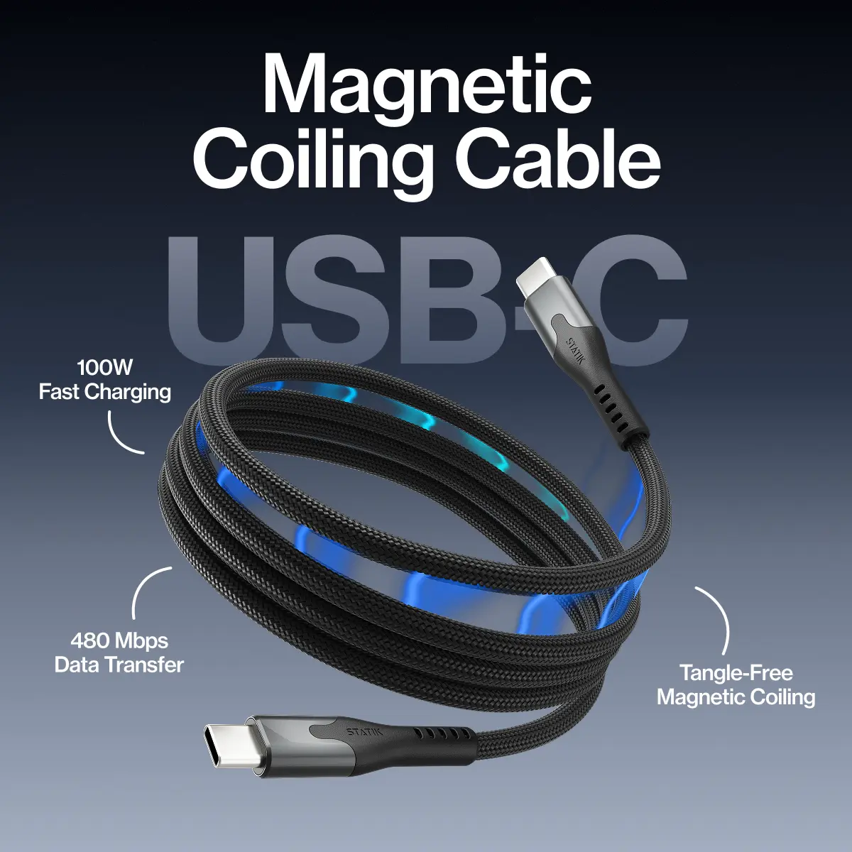 STATIK MagStack USB-C to USB-C: Cable | 100W Fast Charge | 480Mbps Data Sync | Tangle-Free Braided Nylon | For Phones, Tablets, Laptops and Headphones