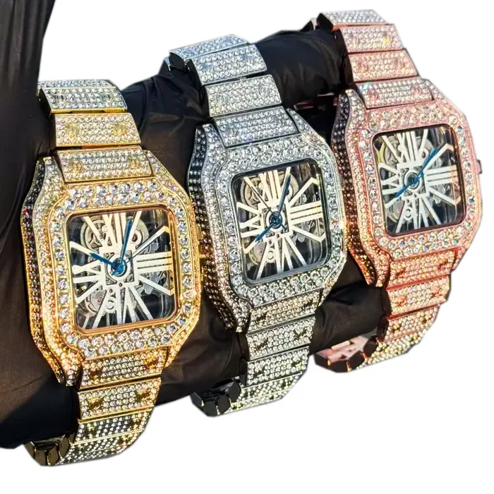 MaxBling81 Men's 40mm Luxury Iced Diamond-Embellished All-Metal Quartz Watch - Adjustable Iced Deployment Clasp Band, Simulated Diamond Skeleton Dial, Rectangular Bling Design, Removable Links, All-Metal Quartz Watches, Diamond-Embellished Quartz Watches