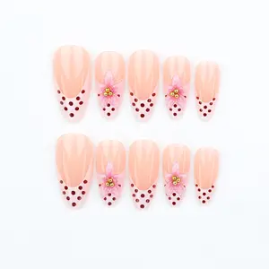 FREE GLUE INCLUDED!24 pcs x Press-on Nails,Pink Polka Dot Press on Nails with 3D Flowers | Almond Shape French Tip | Reusable Fake Nails Set with Glue & Tabs | Perfect for Party, Wedding & Daily Wear,Long-Lasting, Salon-Quality