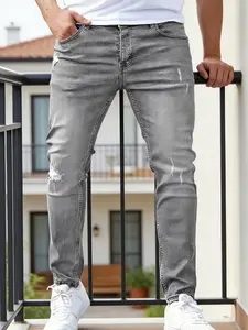 SRETOUU Men’s Streetwear High-Street Fashion Distressed Stretch Slim Fit Solid Color Casual Denim Jeans Menswear Denim Classic