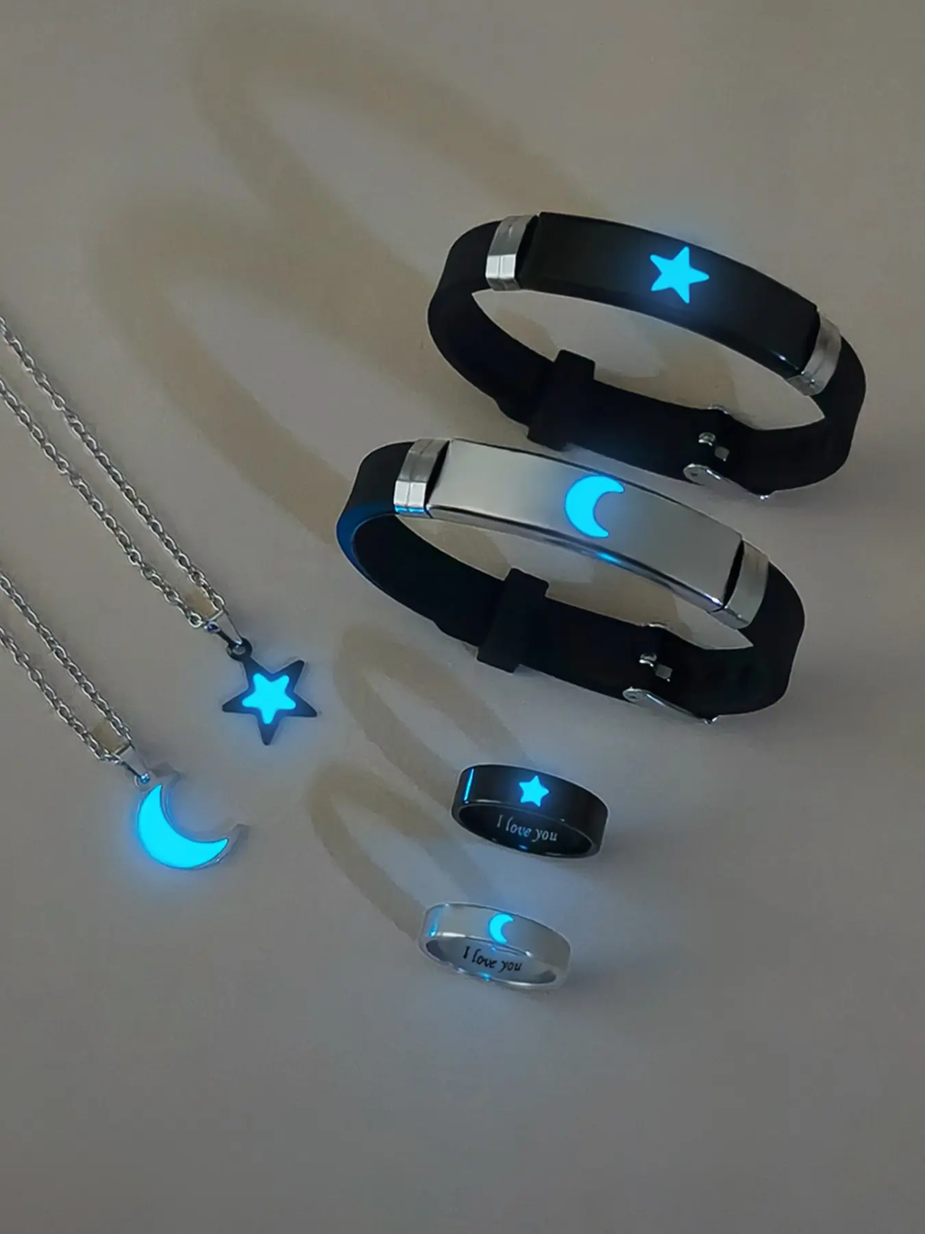 Night Glow Star Moon Couple Necklace Bracelet Ring Set, Simple Cute Style, Glowing Valentine's Day Gift, Jewelry for Lovers, Luminous Star, Jewelry Sets, Jewellery Gift Set