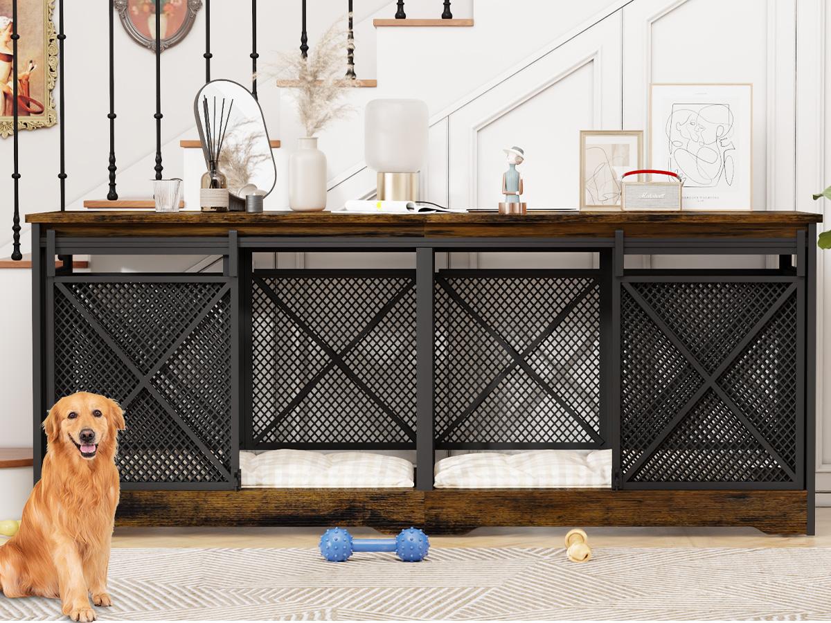 【SpringGlowUp】COZPAW 78" Dog Crate Furniture for 2 Dogs,Extra Large Breed Double Chew-Resistant Indoor Pet House,Heavy Duty Wooden XXL Large Kennel, Furniture Style XL Dog Cage, Max 300lbs Capacity (Brown)