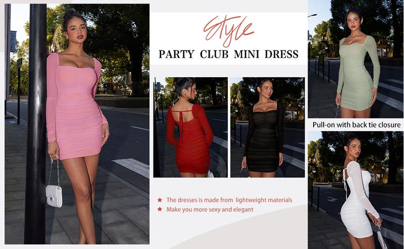 OYS Women's Sexy Long Sleeve Ruched Bodycon Stretchy Mini Party Club Dress OYS Women's Sexy Long Sleeve Ruched Bodycon Stretchy Mini Party Club Dress