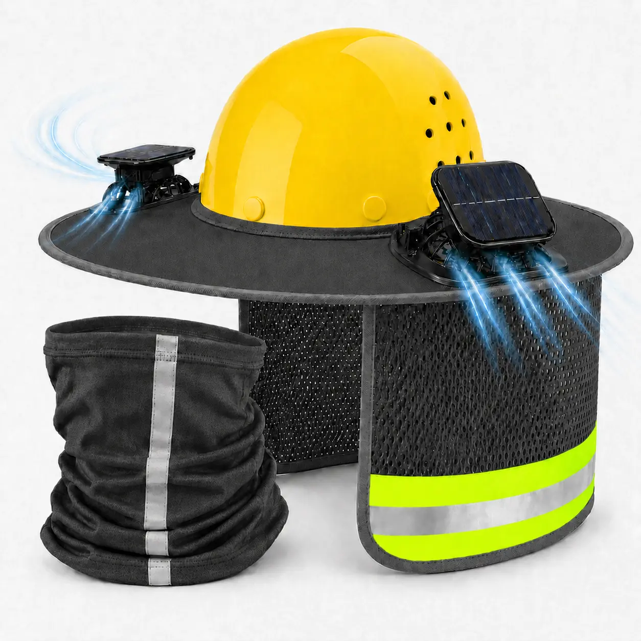 Unisex Hard Hat Solar Fan Sun Shade Attachment with Sun Visor - Wider Brim, Breathable Adjustable Airflow, Dual USB-C Rechargeable Fans, 3-Speed 1-Button Control, Reflective Neck Mesh, Neck Gaiter, Easy to Clean Cooling Kit for Adults (Hat Not Included)
