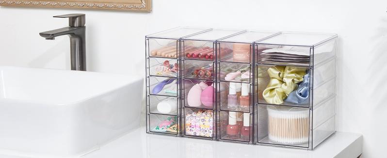 Vtopmart Acrylic Organizer with 16/32 Drawers Clear Storage Drawers for Office Supplies Desk Organization and Storage for Makeup Jewelry Art Crafts Non-Slip Silicone Pad Variety of Drawer Options for Desk Vanity Bathroom Pantry New Year Gift