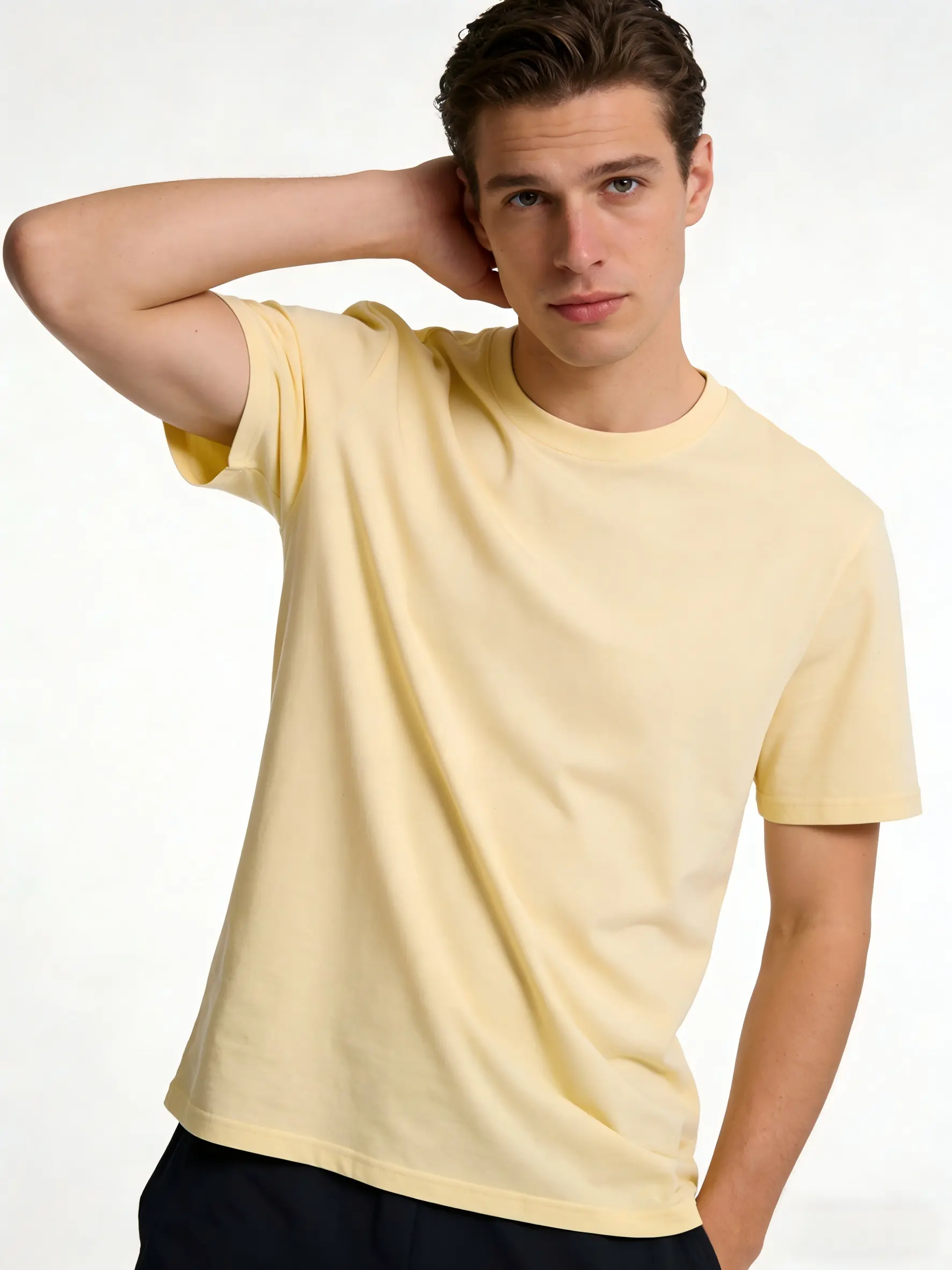 Men's Solid Butter Yellow Heavyweight 100% Cotton Short-Sleeve Loose-Fit T-Shirt - Soft, Breathable Menswear Top with Aesthetics for Retro Streetwear Casual Outfits, Heat Transfer, Casual T-Shirts, Pure Cotton, Round Neck, Fashion, Tshirt, Shortsleeve, Ma