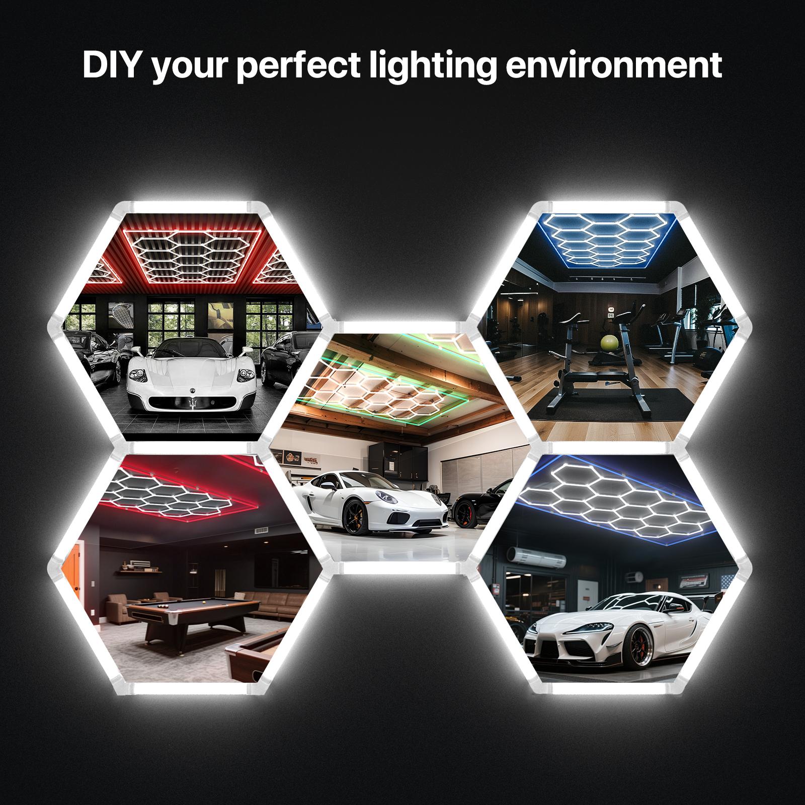 HYPERLITE All-New Creative Design 624W Hexagon DIY LED Garage Light 62400LM Honeycomb Ceiling Lighting System with Colorful Outer Frame 15-Grid DIY Plug-in Setup for Car Detailing Shops Basements Warehouses SpringGlowUp Upgraded Build