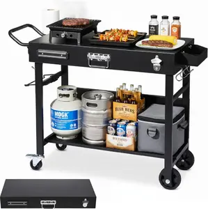 ROVSUN Outdoor Grill Table Cart, Foldable Grill Cart with Wheels, Rolling Table for Ninja, Blackstone Griddle, Pizza Oven Stand, Food Prep Table w/Bottle Opener, Seasoning Tray, Rubbish Bag Holder