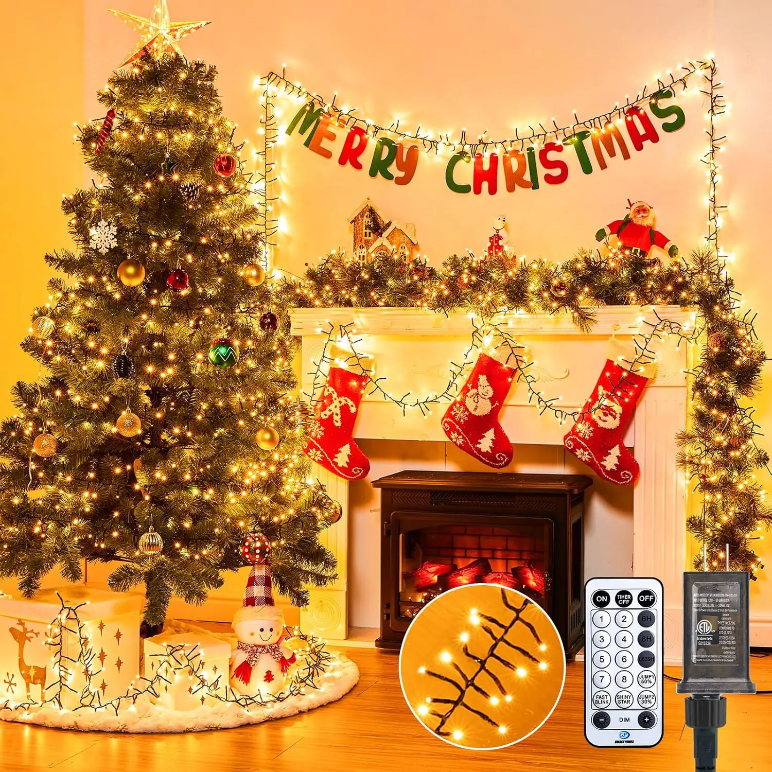 Minetom 50 Ft 1000 LED Cluster Lights Christmas Tree Lights Outdoor Christmas Firecrackers String Light, 12 Modes Timer Remote Waterproof Plug in Twinkle Fairy Light for Xmas Tree Garland Party