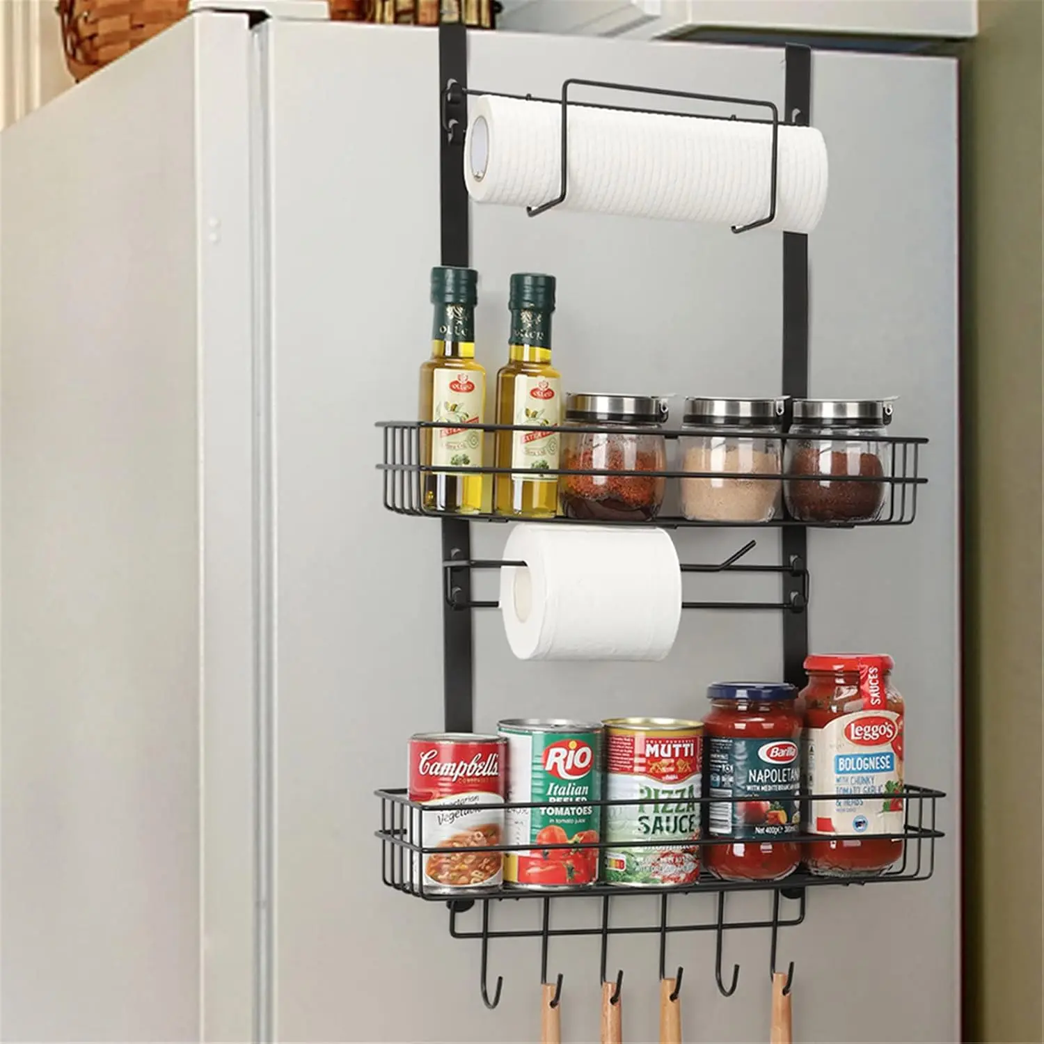 3-Layered Aluminium Space-Saver Fridge Spice Rack Organizer - Black, Durable, 2 Baskets, 6 Hooks, Paper Towel Holder, Utensils Storage - Fits Refrigerators and Washing Machines, for Kitchen Countertop