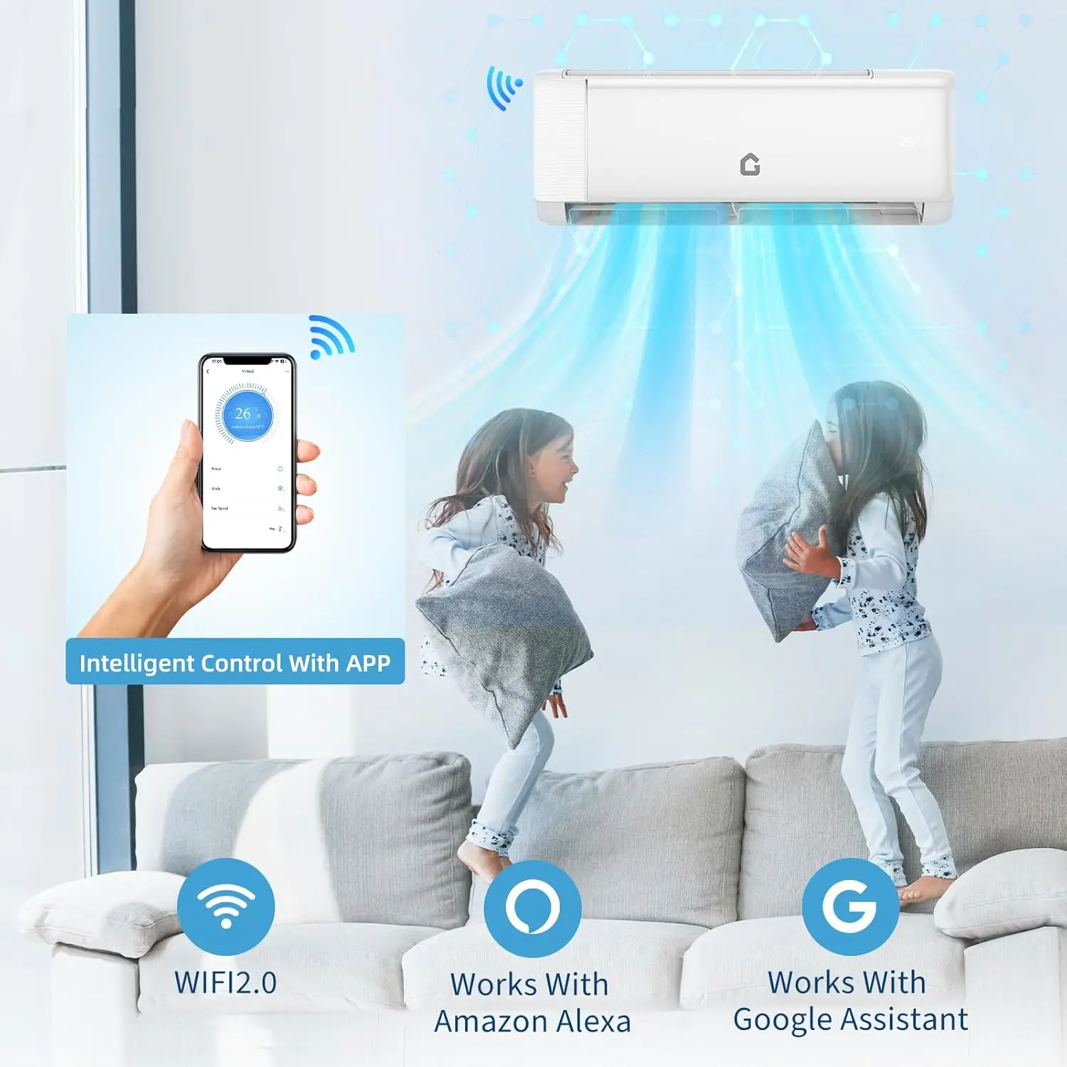 Gaomon 12000 BTU Wall-Mounted Split Type Aircon - 115V Inverter WiFi Cooler & Heater, SEER2 22 Rated Energy-Efficient Eco-Friendly Durable Copper White Large Home Appliance, Alexa-Enabled Cooling Solutions for Bedrooms