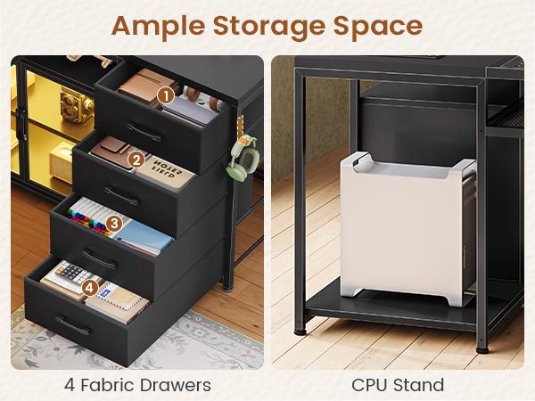 SEDETA 63-Inch L-Shaped Gaming Desk Computer Desk with 4 Drawers and Display Cabinet Executive Office Desk with Storage Shelves and LED Light