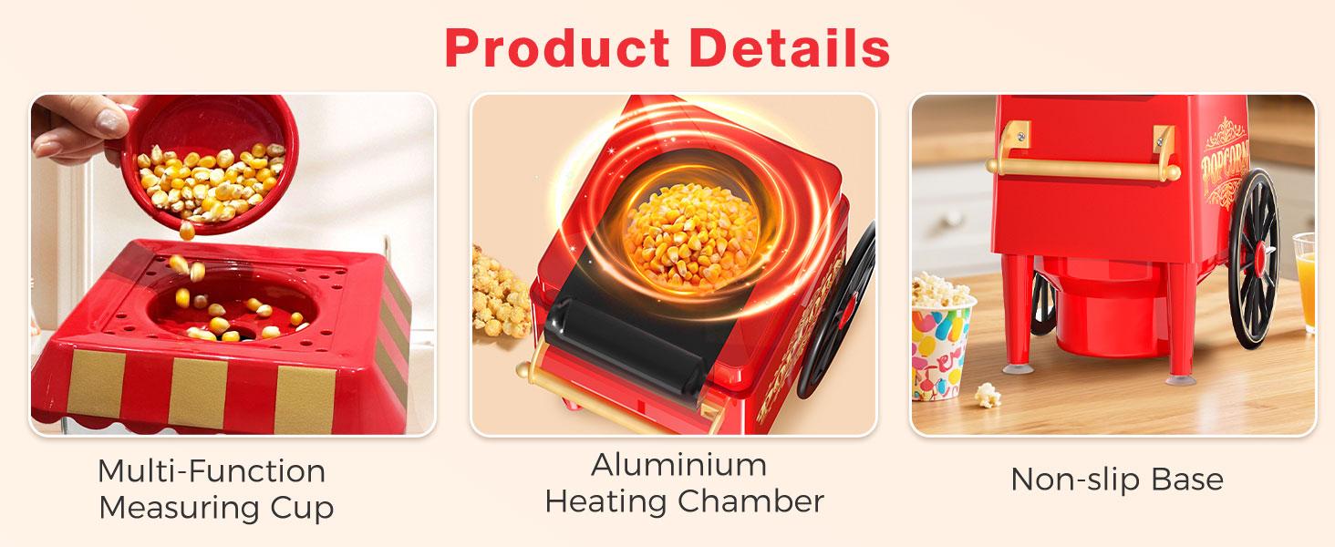 1200W Electric Hot Air Popcorn Maker Machine with Measuring Scoop - Oil-Free Healthy Popper, Retro Red & Design, Compact 12-Cup Capacity, Stainless Steel Construction for Home, Movie Nights, Parties, Christmas - Easy-Clean & Safe Operation