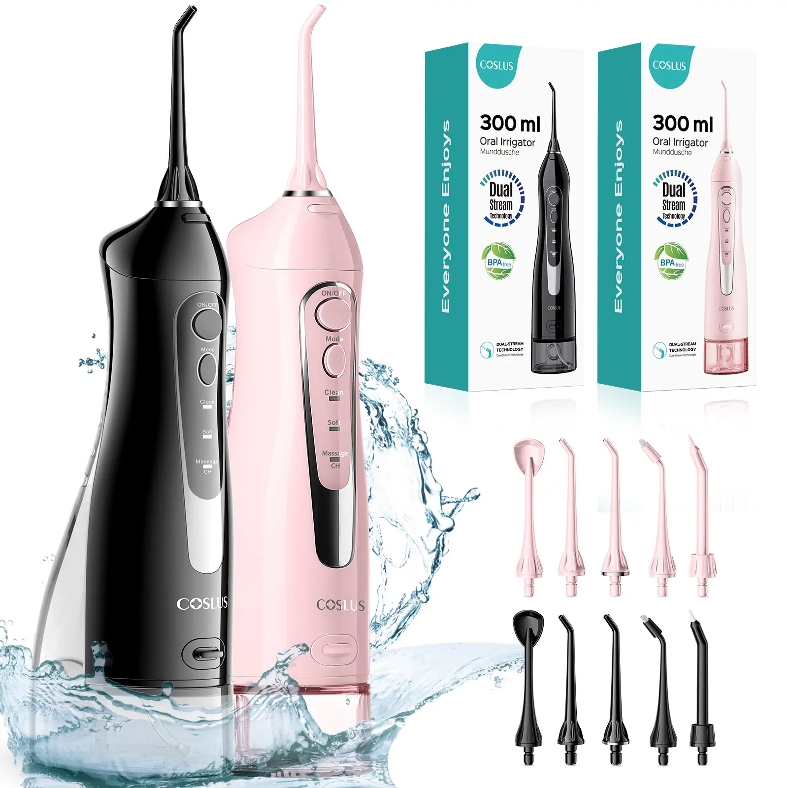 COSLUS CX20 2-Pack Rechargeable Portable Care Oral Irrigators - 300ml, 30-Day Batteries, 10 Nozzles, IPX7 Waterproof Silicone Toothcare Tool, Home & Travel Selfcare Accessory for Braces, Elderly, Fights Plaque, Tartar, Bad Breath, Great Gift