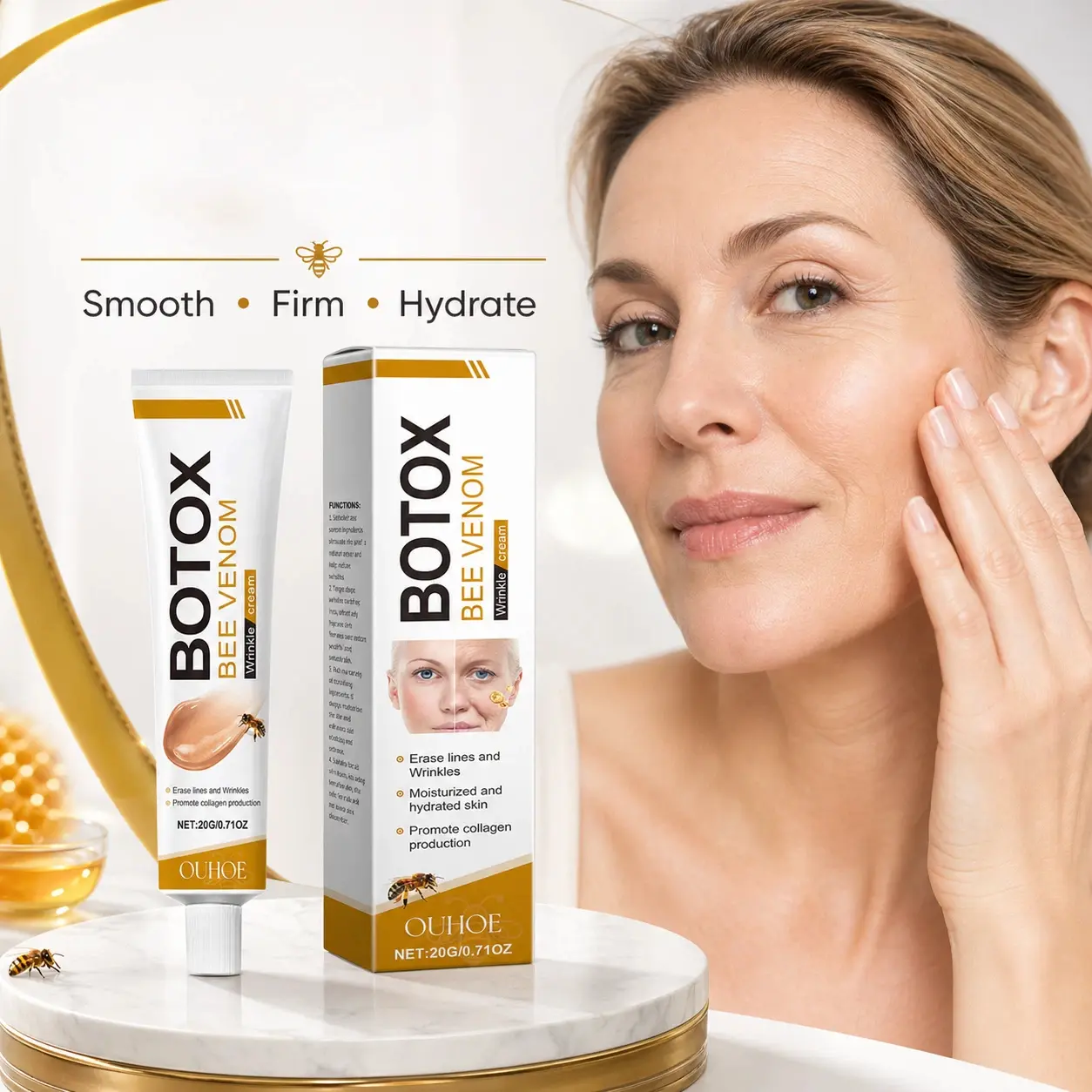 OUHOE Bee Venom Anti-Wrinkle Moisturizer & Mist - Botox-Like Firming Skin Tightener, Vegan Formula with Hyaluronic Acid, 72-Hour Hydration, Lifting & Neck Care for All Skin Types (Mineral Oil-Free, Beauty & Personal Care)