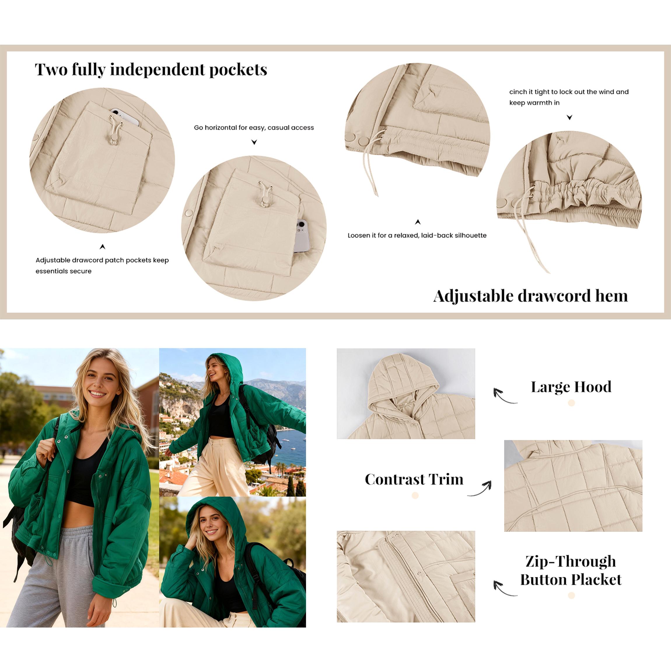 Buenoble Women’s Quilted Puffer Jacket with Hood Cropped Winter Coat Oversized Warm Outerwear