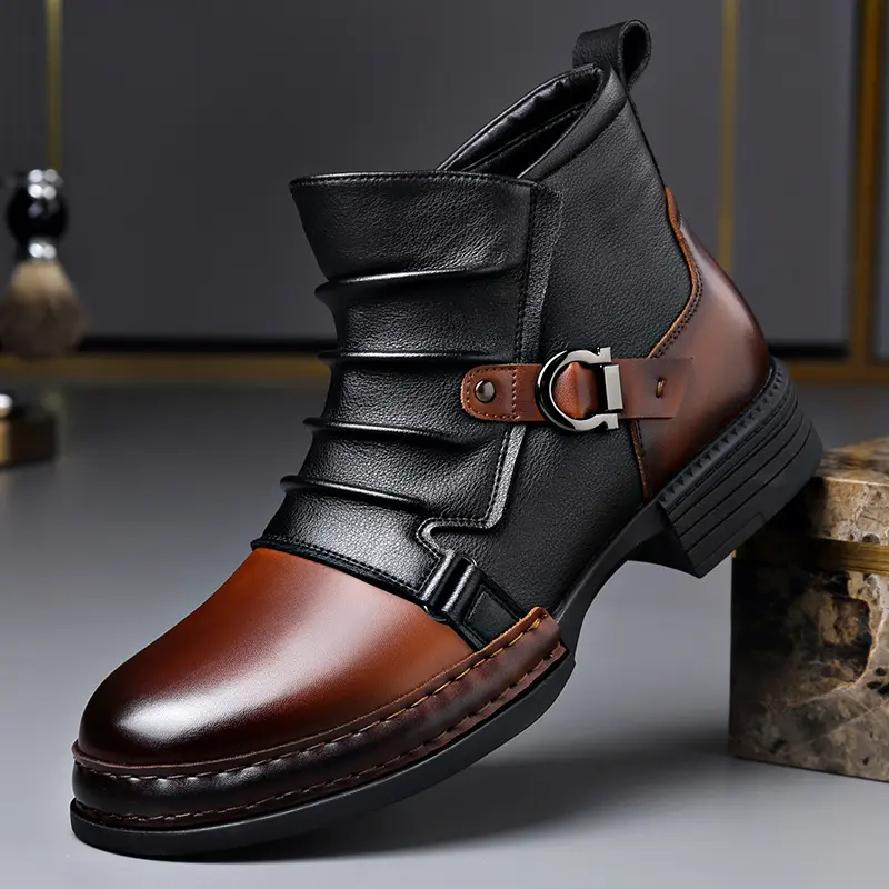 Men's 2-Tone High-Top Closed Leather Casual Boots - Western OOTD Sporty Chic 4-Season Walking Shoes, Men's Shoes with Personality Design