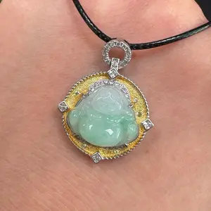 Green jadeite Buddha pendant, 925 silver clasp