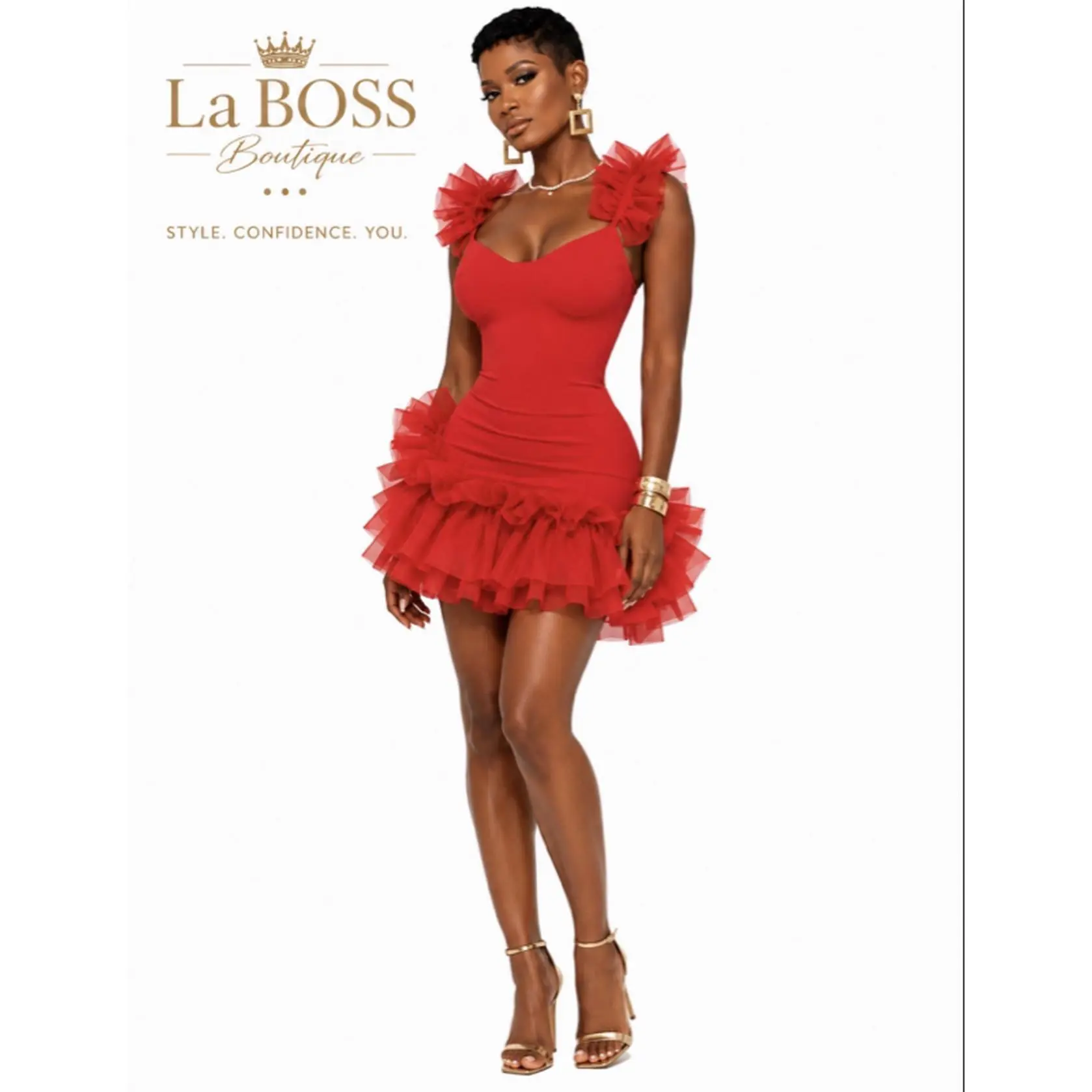 La BOSS Boutique Women’s Ruffle Shoulder Bodycon Mini Dress – Layered Ruffle Hem Party Dress