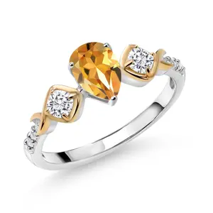 Gem Stone King 1.15 Cttw Yellow Citrine White Moissanite and Lab Grown Diamond Engagement Ring for Women | 925 Silver and 10K Yellow Gold | 7X5MM Pear Shape | Wedding Engagement Ring