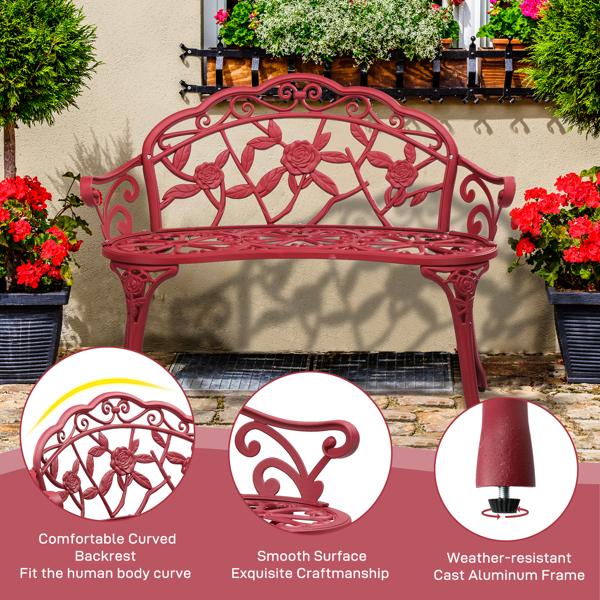 Outdoor Cast Aluminum Patio Bench for Garden Porch Antique Rose Vintage Style Weather Resistant Durable Red Finish