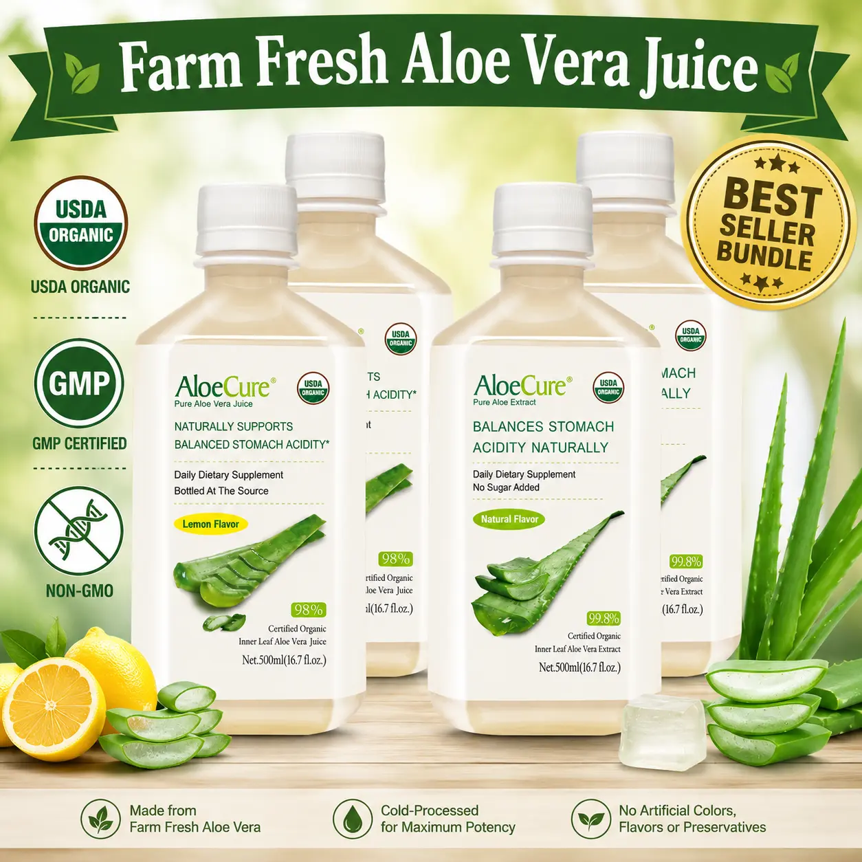 AloeCure Organic Aloe Vera Juice - 4 Bottle Sample Pack - Lemon & Natural Flavor, 4x500ml
