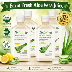 AloeCure Organic Aloe Vera Juice - 4 Bottle Sample Pack - Lemon & Natural Flavor, 4x500ml