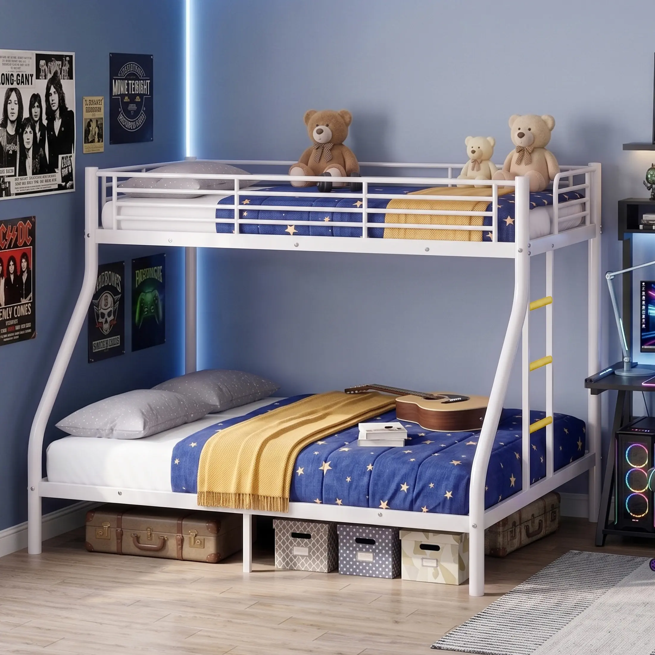 2 in 1 Convertible Twin Bunk Bed with Stairs, Black Metal Low Bunk Bed with High Guardrails, Space Saving Bunk Bed for Small Rooms Dorm Apartment, Sturdy Bunk Bed Frame with Under Bed Clearance
