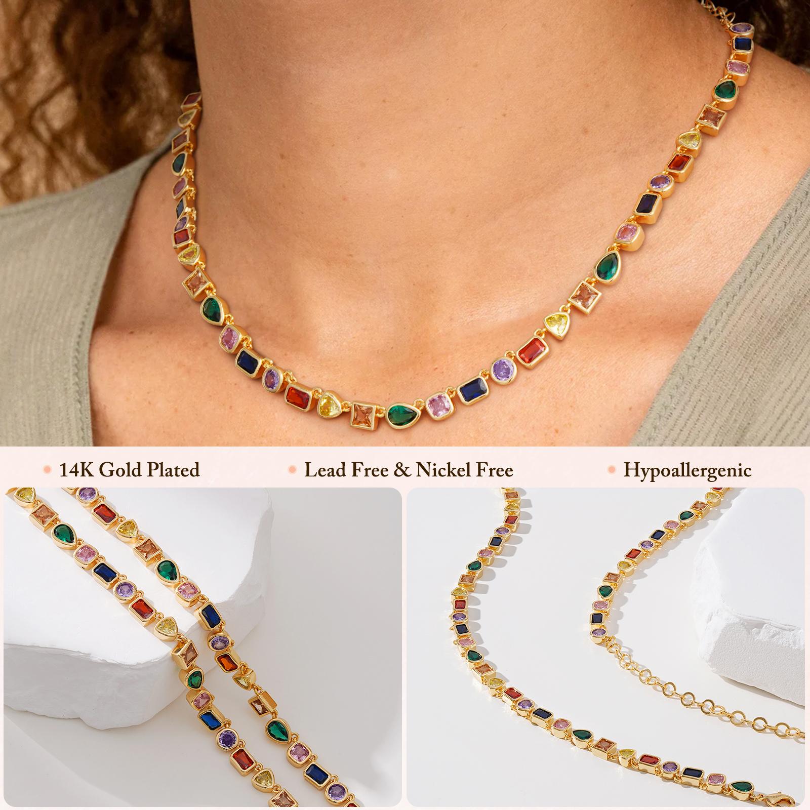 Turandoss 14K Gold Plated Rainbow Tennis Necklace - Unisex Colorful CZ & Emerald Gemstone Chain - 15+3.5” Adjustable Choker - Perfect Birthday Gift for Him & Her
