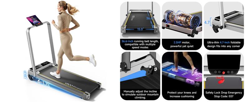 YPOO Manual Incline Foldable walking pad Treadmills with handle  300 Lbs Home Walking Pad Portable Workout Equipment with LED Display Remote Control & APP women gym